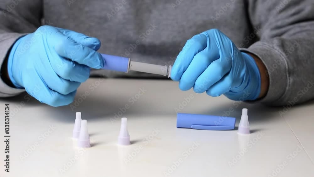 Hands in examination gloves demonstrate an injection with insulin for diabetics. High quality FullHD footage