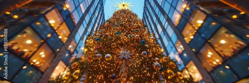 A wide angle photo showcasing the entire festive Christmas tree with the sparkling gold star and angel topper prominently displayed in the middle of the frame
