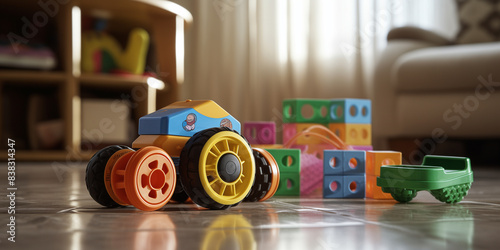  cutout setcolorful classic toddler or baby toys of car wheels, and geometric cubes, photography at floor level in the living room of a house photo