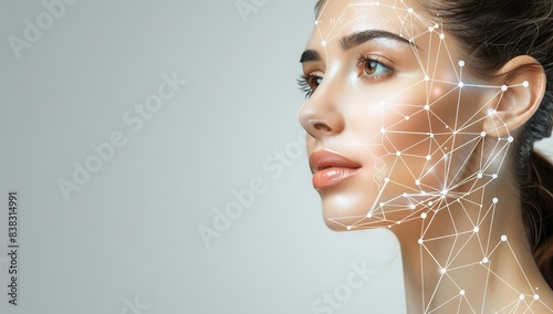 A beautiful woman is shown with an AI face scan system overlayed on her face, showing lines and dots connected to form facial muscle shapes. #838314991