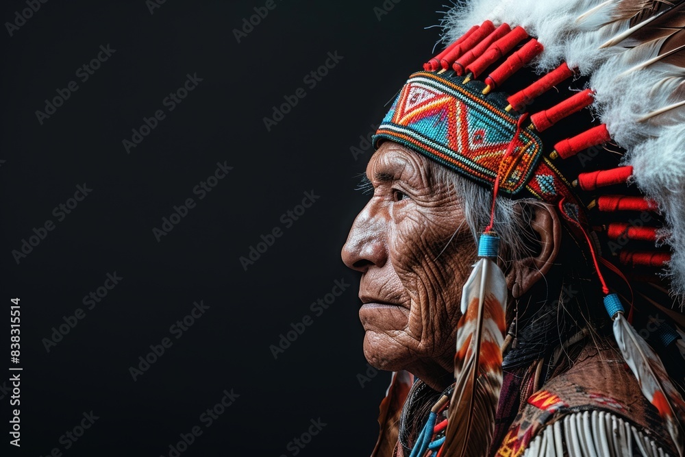 Native American portrait on dark background, generated by AI.