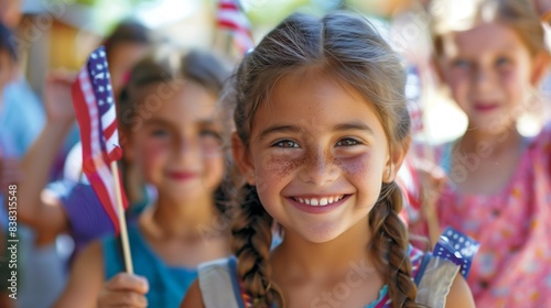 Fototapeta Naklejka Na Ścianę i Meble -  Celebrating National Pride: Children Waving American Flags at Parade