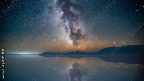 Salar de Uyuni under the starry night sky. The salt plain acts as a mirror, reflecting the stars and creating the illusion of the sky above and below. photo