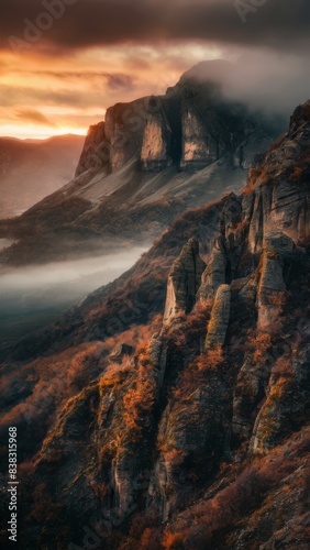 The mountains of Nurata at dawn  rugged terrain with ancient rock formations  misty valleys  warm golden light  bright orange and yellow tones.