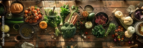 An overhead view of a rustic farmhouse kitchen table, showcasing a colorful array of fresh vegetables and herbs