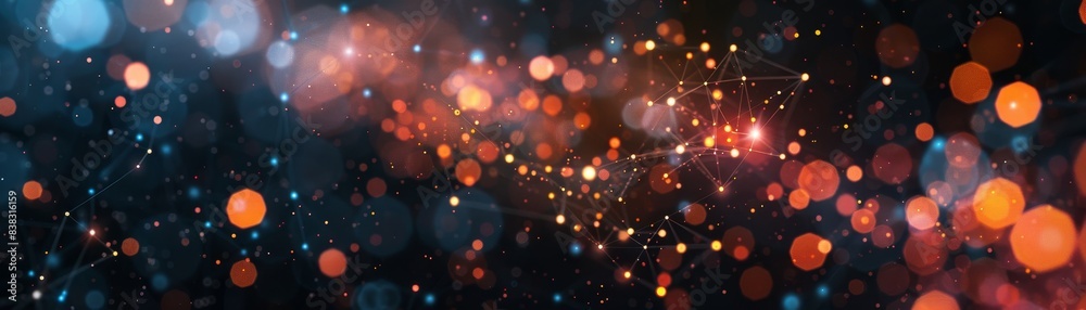 Abstract Digital Network, Glowing Orange and Blue Bokeh Lights Connected by Fine Lines on a Dark Background Abstract Digital Network, Glowing Orange and Blue Bokeh Lights Connected by Fine Lines on a Dark Background