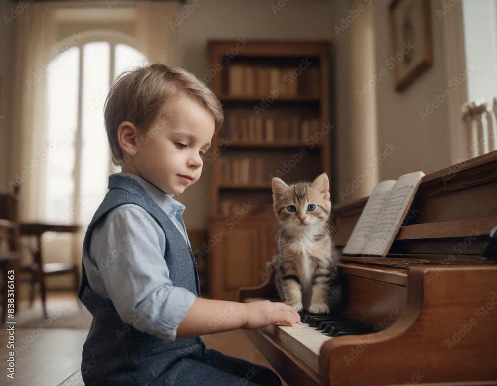 Young Boy Plays Piano with Curious Kitten. Generative Ai