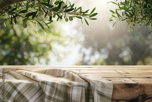 Natural wooden table and organic cloth with olive tree plant. Product placement mockup design background. Outdoor tropical summer scene with rustic vintage countertop display. Generative ai photo