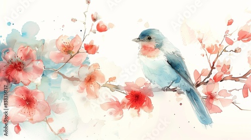 Charming Watercolor of Birds and Blossoms. The delicate beauty of nature with this charming watercolor featuring blue birds perched among vibrant blossoms.