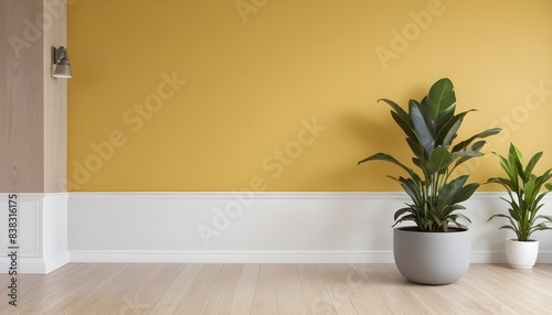 Frame mockup, Living room interior with fabric armchair, lamp, book, and plants on empty yellow wall background.3d render