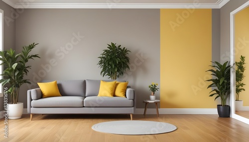 Frame mockup, Living room interior with fabric armchair, lamp, book, and plants on empty yellow wall background.3d render