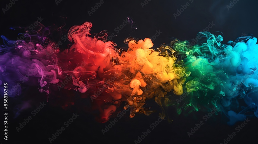 Obraz premium Rainy Day Rainbow smoke, negative space, isolated on black background, advertising photoshoot, pride month LGBTQIA theme