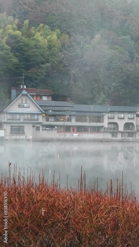 Kinrin Lake is Fresh water and hot springs flow into the lake creating a beautiful phenomenum of steam rising from the surface - Travel in Yufuin Oita Japan -Landscape Landmark Nature in the morning  photo