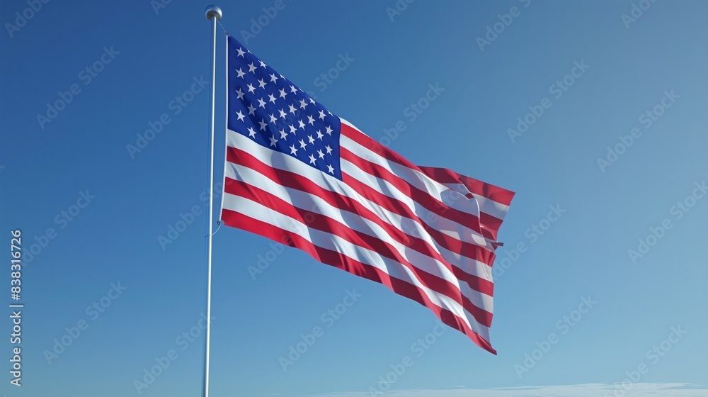 Patriotic American Flag Waving in Breeze Under Clear Blue Sky Patriotic American Flag Waving in Breeze Under Clear Blue Sky