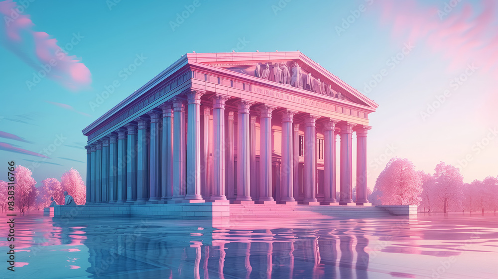 Obraz premium Inspired by Greek temples, a capitol building with majestic columns stands bathed in the warm glow of a European night sky
