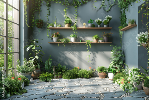 A sunny garden view through a window with colorful flowers in a box photo