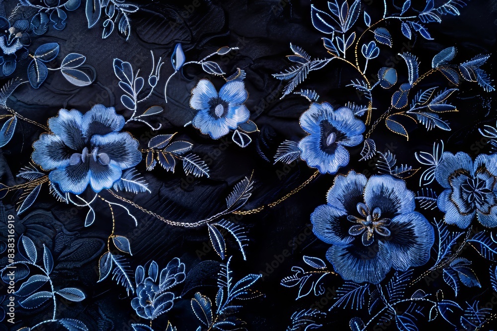 Luxury denim blue jeans country fabric art background with embroidery floral abstract fantasy design.