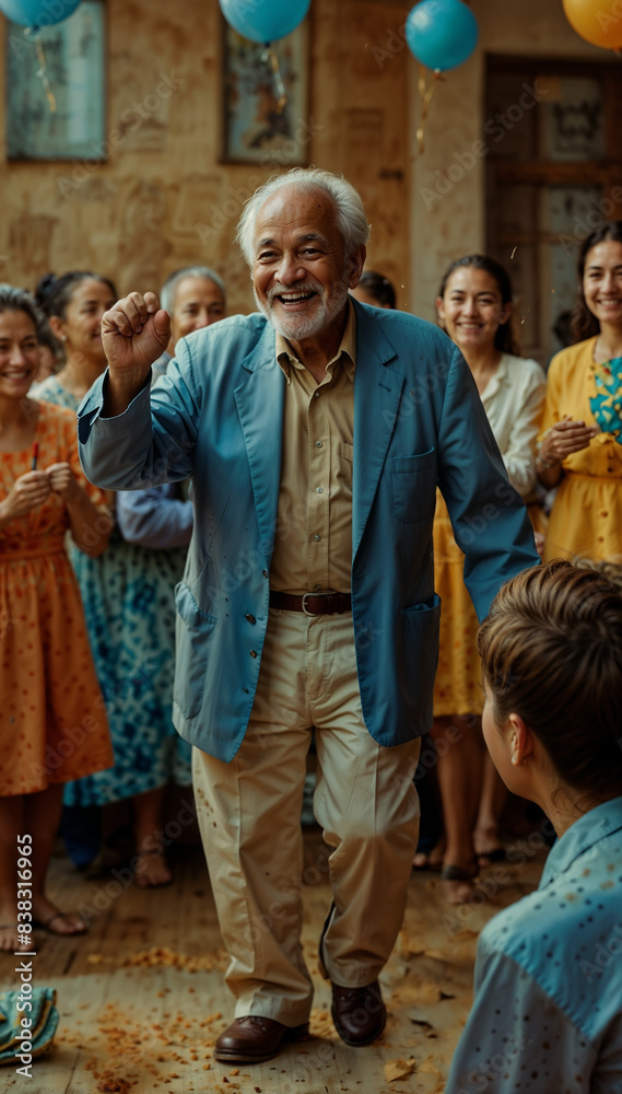 Naklejka premium Elderly man joyfully raising hand in celebration surrounded by smiling friends and balloons