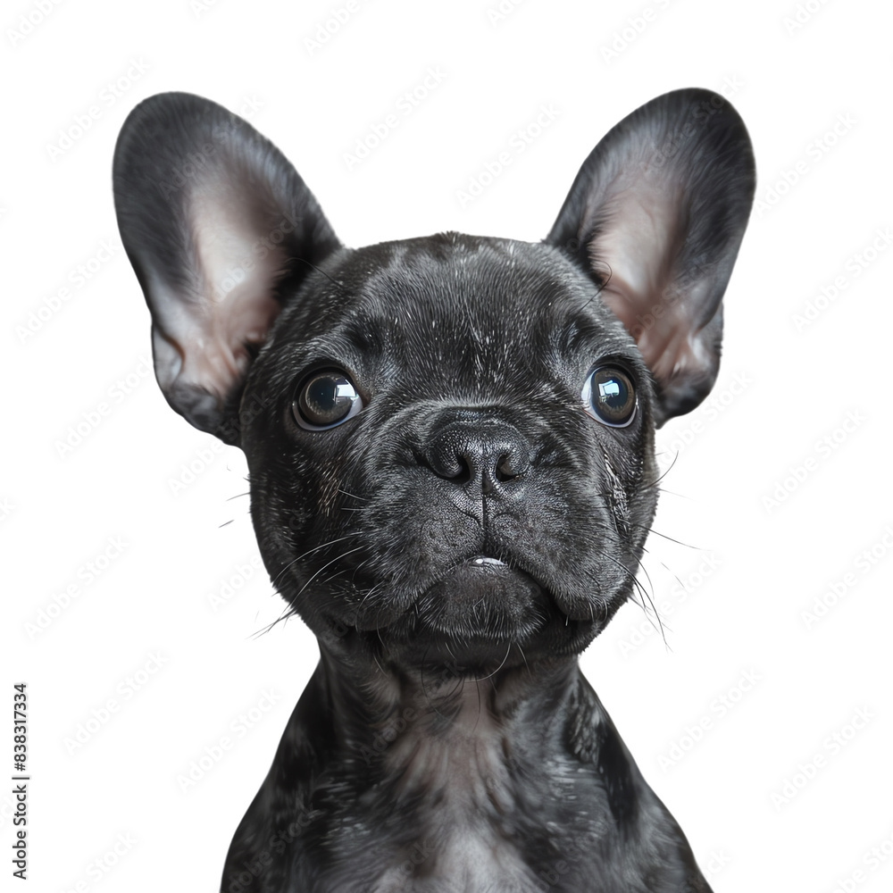 A cute black French Bulldog puppy with big, curious eyes. The dog is looking up at the camera with a sweet expression. A cute black French Bulldog puppy with big, curious eyes. The dog is looking up at the camera with a sweet expression.
