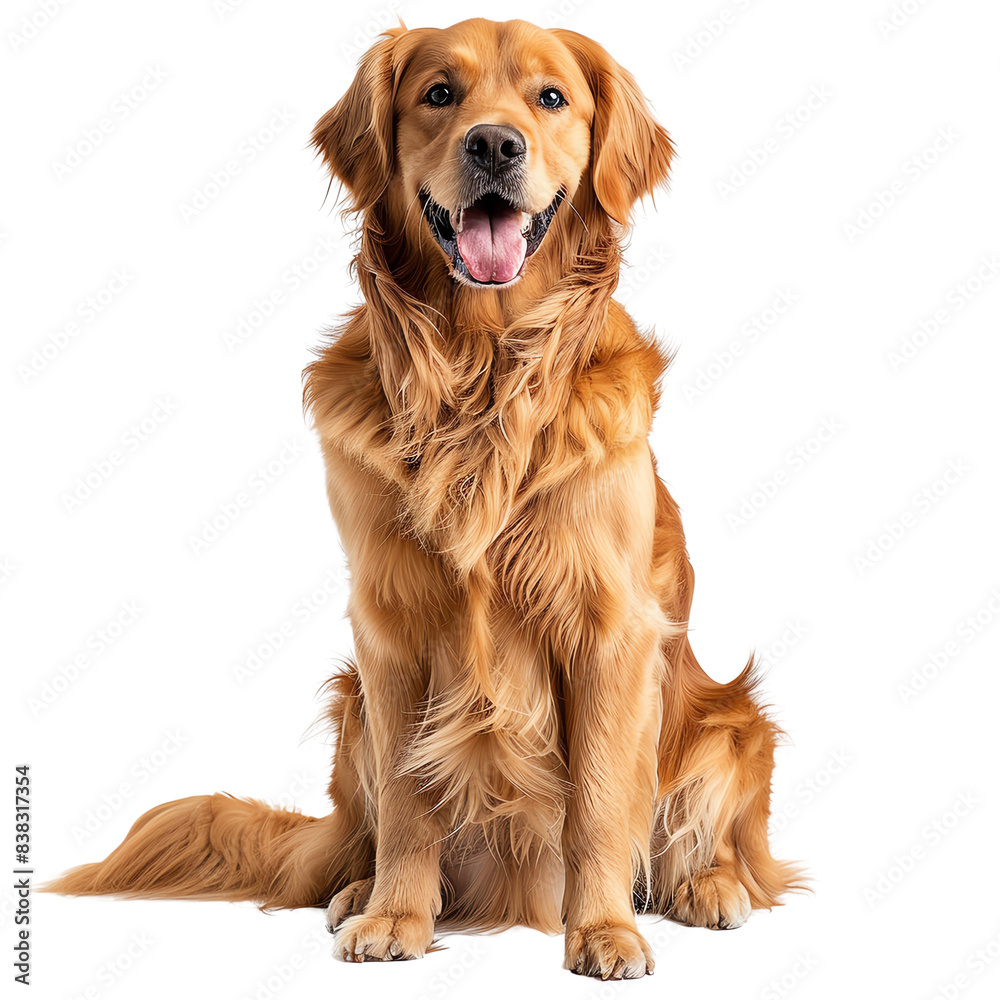 Golden Retriever dog sitting with tongue out, looking at the camera with a happy expression. Golden Retriever dog sitting with tongue out, looking at the camera with a happy expression.