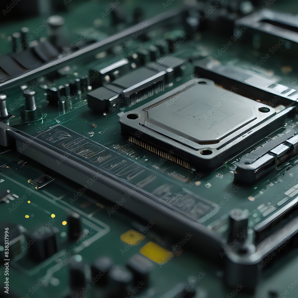a close up of a computer motherboard with a cpu chip a close up of a computer motherboard with a cpu chip