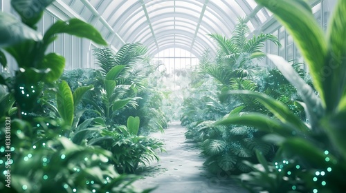 An otherworldly botanical garden filled with bioluminescent plants  their radiant glow illuminating the pristine white architecture of the greenhouse structure.