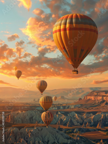 Colorful air balloons in the air over rocky hills against the background of the sunset orange sky at sunset close up 