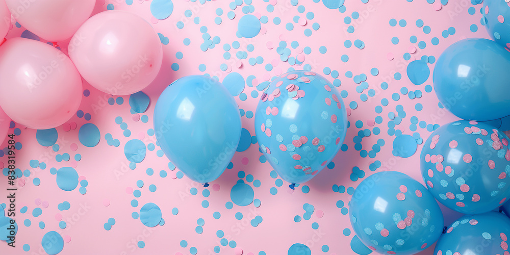 Rosa und blaue Luftballons und Konfetti-Hintergrund mit Platz für Text für eine festliche Gender-Reveal-Party oder eine Babyparty-Kulisse