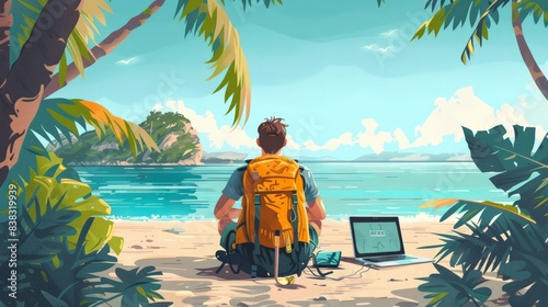 Digital Nomad Lifestyle: Illustrate the digital nomad lifestyle with remote work setups, scenic locations, and a balanced work-life routine