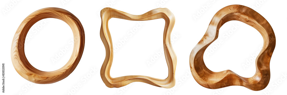 Empty wooden picture frame, organically curved, mockup, decoration interior, transparent or isolated on white background Empty wooden picture frame, organically curved, mockup, decoration interior, transparent or isolated on white background
