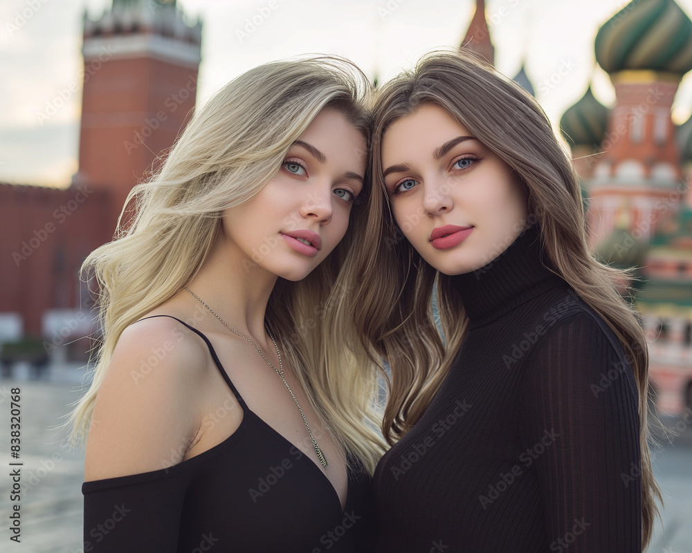 portrait photo of a blonde Russian woman with green eyes wearing a v-cut dress with straps and a brunette Russian woman with blue eyes wearing a turtleneck portrait photo of a blonde Russian woman with green eyes wearing a v-cut dress with straps and a brunette Russian woman with blue eyes wearing a turtleneck