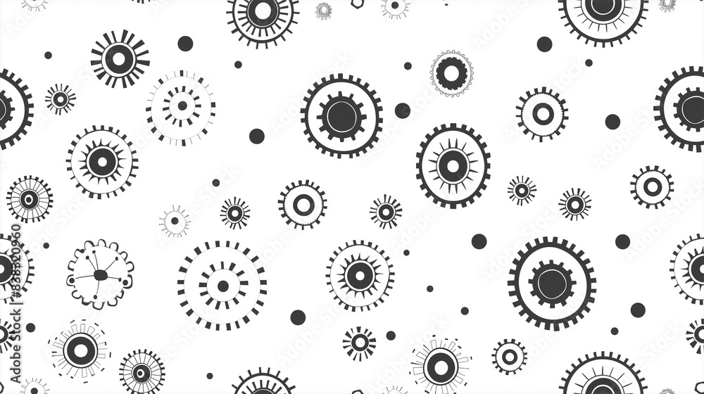 Monochrome seamless pattern of various gears and cogs. Tileable, seamless. Monochrome seamless pattern of various gears and cogs. Tileable, seamless.