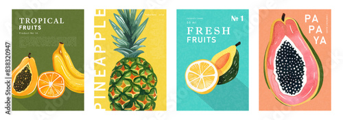 Set of labels, posters or price tags with watercolor fruits. Papaya, orange, banana, pineapple, lemon and avocado. Vector illustration for the design of packages, flyers and promotional materials.