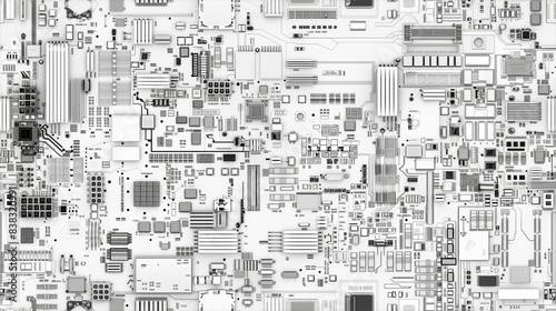 Intricate electronic circuitry in a monochrome pattern. Tileable, seamless.