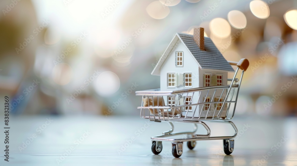 Miniature House in Shopping Cart. A conceptual image featuring a miniature house inside a shopping cart, symbolizing the buying and selling of real estate. Miniature House in Shopping Cart. A conceptual image featuring a miniature house inside a shopping cart, symbolizing the buying and selling of real estate.