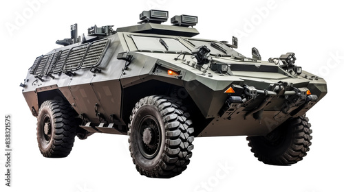 rugged military Humvee vehicle equipped with mounted weaponry, isolated on a white background.