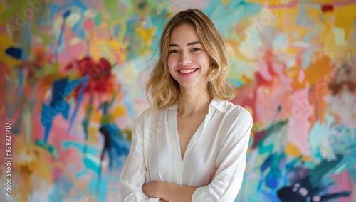 Portrait of an attractive woman smiling and standing in front of colorful art on the wall, young woman stands confidently with her arms crossed and a beaming smile on her face.