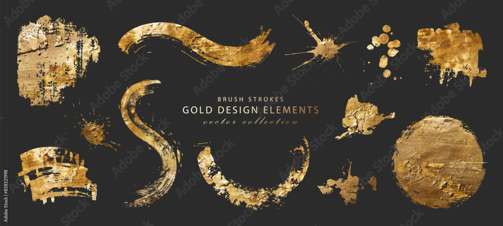Set of gold design elements. Brush strokes, frames, splatters isolated on black background. Gold leaf or acrylic paint. Vector collection Set of gold design elements. Brush strokes, frames, splatters isolated on black background. Gold leaf or acrylic paint. Vector collection