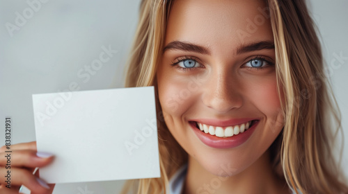 Beautiful woman holding a blank card