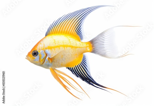Closeup of colorful pterophyllum scalare angelfish with flowing fins. Vibrant tropical freshwater fish.