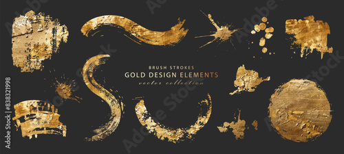 Set of gold design elements. Brush strokes, frames, splatters isolated on black background. Gold leaf or acrylic paint. Vector collection