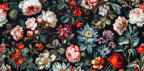 Flowing flowers plants leaves petals flowering blossoming prolific lush verdant colorful Japanese classical painting background