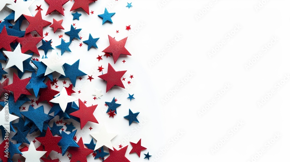 Red, white, and blue stars with copy space, patriotic theme, isolated on white background, photorealistic, vibrant, overlay, clean backdrop Red, white, and blue stars with copy space, patriotic theme, isolated on white background, photorealistic, vibrant, overlay, clean backdrop