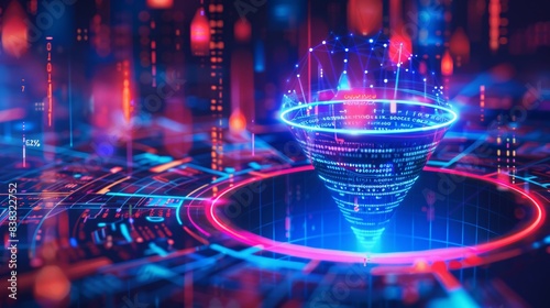 Futuristic Holographic Digital Marketing Funnel with Dynamic Stages and Statistics