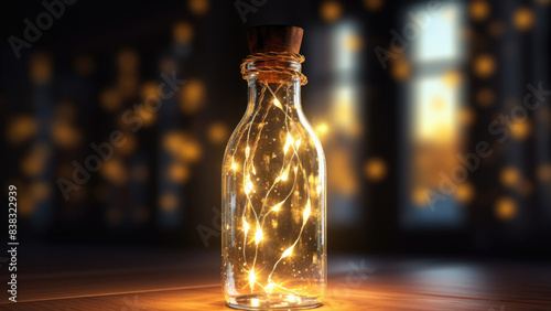 A bottle filled with fairy lights on a wooden table, creating a warm and magical ambiance.

