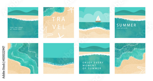Set of summer minimalistic posters. Illustrations of sea, sandy beach, mountains. Modern flat design with grainy and watercolor texture. Template for brochure design, sales, covers and more