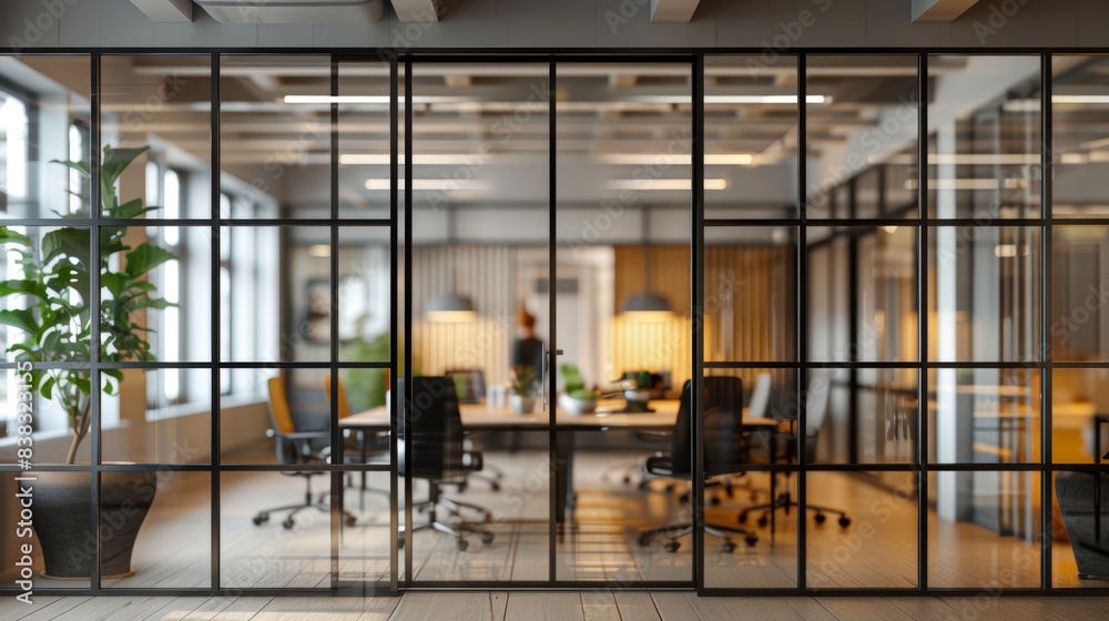 View of a modern office space with glass partitions, showcasing an open, stylish interior. View of a modern office space with glass partitions, showcasing an open, stylish interior.