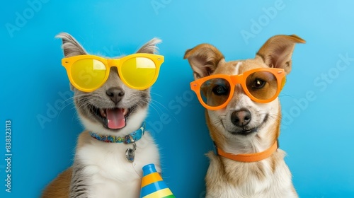 Fun-loving cat and dog with summer accessories, isolated on blue background. Great for summer holiday and pet visuals © JP STUDIO LAB