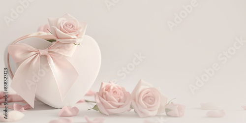 Elegant heart-shaped gift box with flowers, suitable for Valentine's, Christmas, birthdays, Mother's Day, and more. Features empty text space. Simple, minimal design for any occasion. © ana