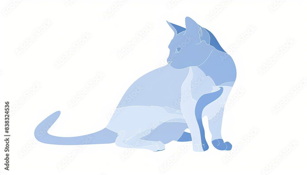 Obraz premium Simple, clear, artisanal stencil print style illustration of Russian Blue cat isolated on white background. Stencilled graphic design, modern, minimalist, trendy, product